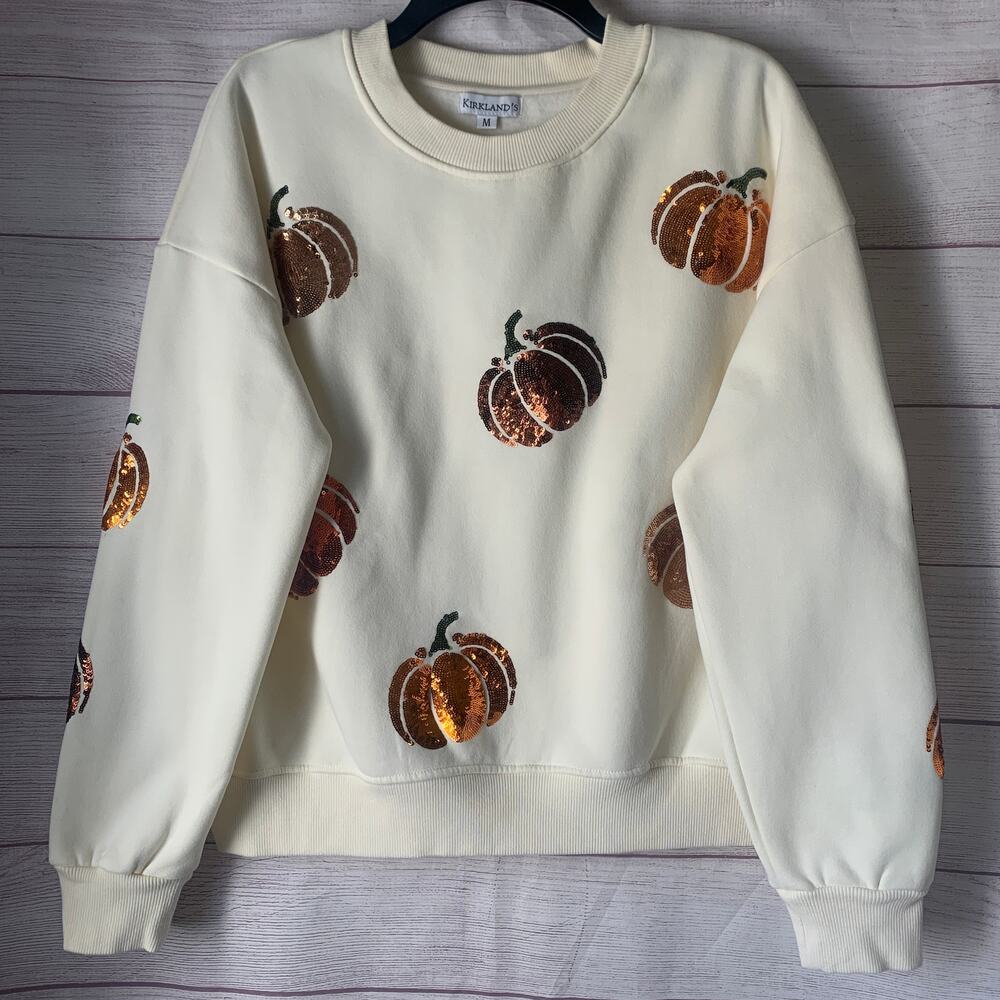 Kirkland's Sequin Pumpkin Sweatshirt Cream Oversized Fall Crewneck Size M